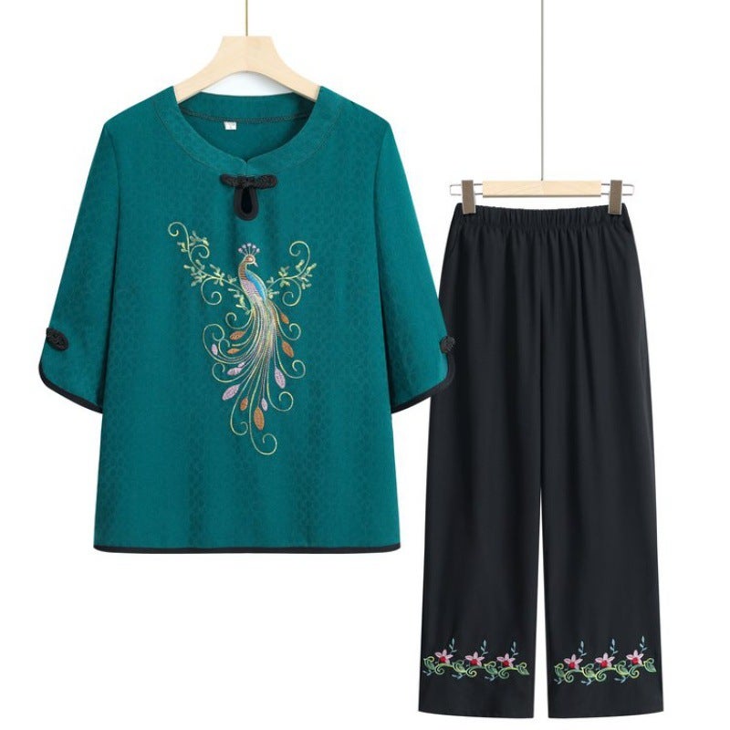 Summer clothes for the elderly suit grandma short-sleeved T-shirt embroidered mothers clothes summer solid color two-piece suit for the elderly Green - Image 1