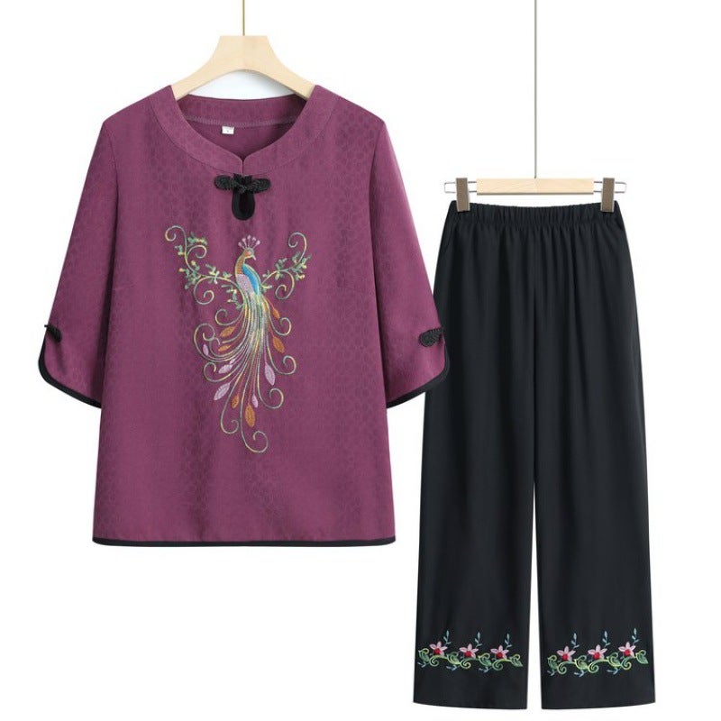 Summer clothes for the elderly suit grandma short-sleeved T-shirt embroidered mothers clothes summer solid color two-piece suit for the elderly Green - Image 2