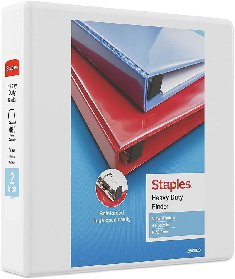 Staples Heavy Duty 2-Inch 3-Ring View Binder White - Image 1
