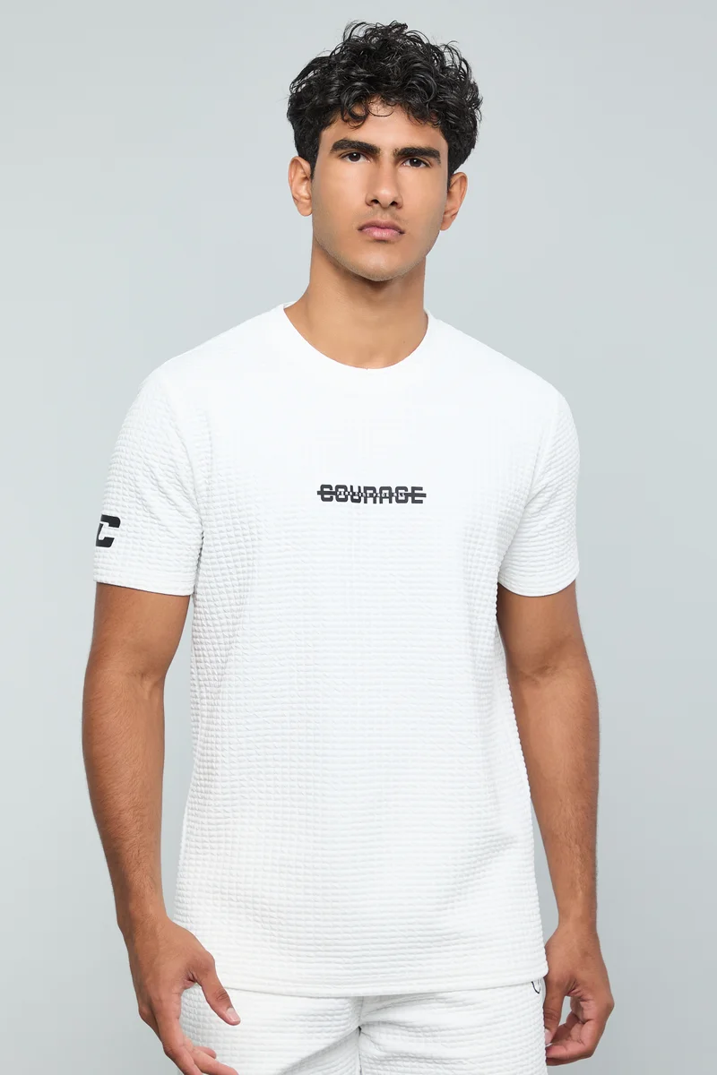 أر أند بي Textured T-Shirt with Crew Neck and Short Sleeves