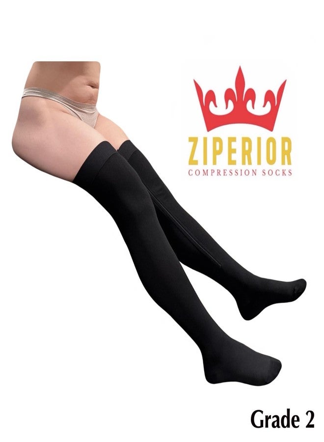 Ziperior جوارب ضاغطة مغلقة من الأمام بضغط 20-30 مم زئبق، بسحاب داخلي للساق، واسعة تصل إلى أعلى الفخذ (أسود، مقاس 5XL) - Image 2