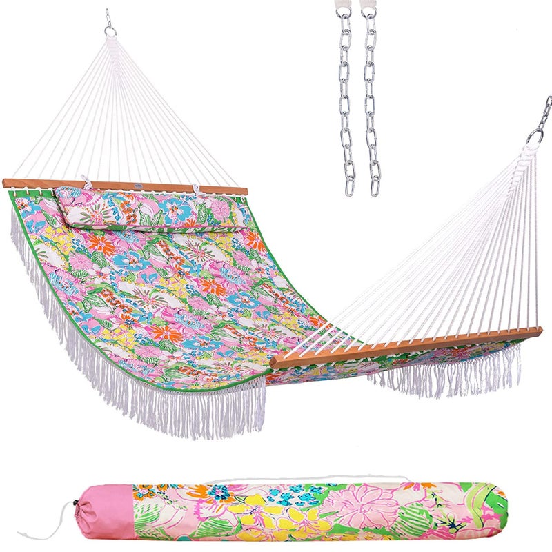 Lazy Daze Hammocks 12 FT Double Quilted Fabric Hammock with Extra Large Soft Pillow and Carrying Bag, 2 Person Outdoor Hammock with Spread Bar and Elegant Tassels, Heavy Duty 450 lbs Capacity, Floral - Image 1