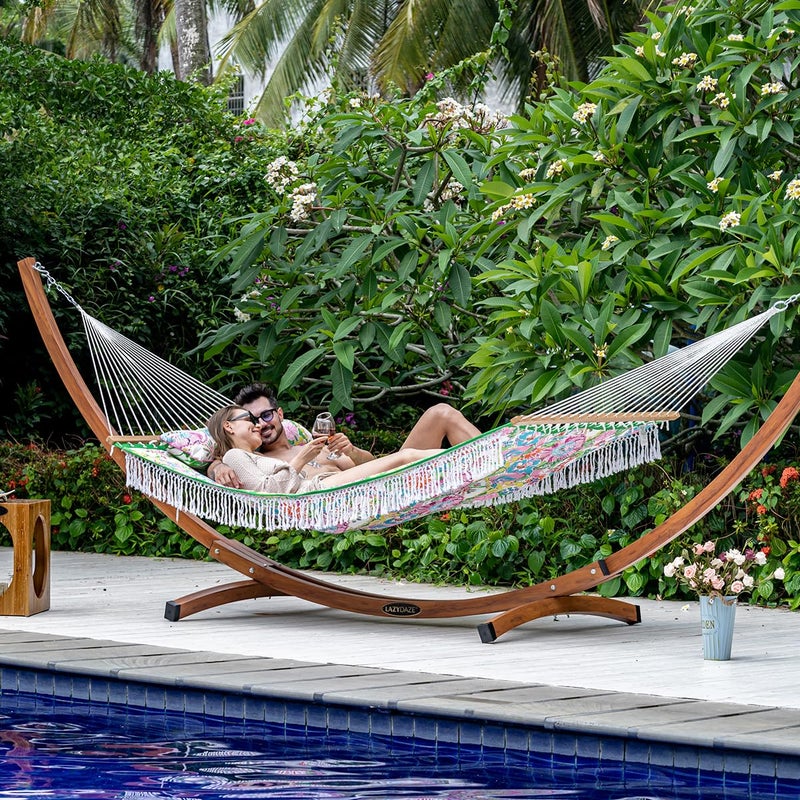 Lazy Daze Hammocks 12 FT Double Quilted Fabric Hammock with Extra Large Soft Pillow and Carrying Bag, 2 Person Outdoor Hammock with Spread Bar and Elegant Tassels, Heavy Duty 450 lbs Capacity, Floral - Image 2