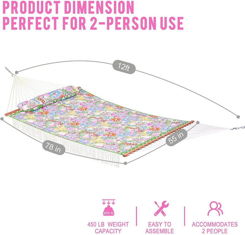 Lazy Daze Hammocks 12 FT Double Quilted Fabric Hammock with Extra Large Soft Pillow and Carrying Bag, 2 Person Outdoor Hammock with Spread Bar and Elegant Tassels, Heavy Duty 450 lbs Capacity, Floral - Image 3
