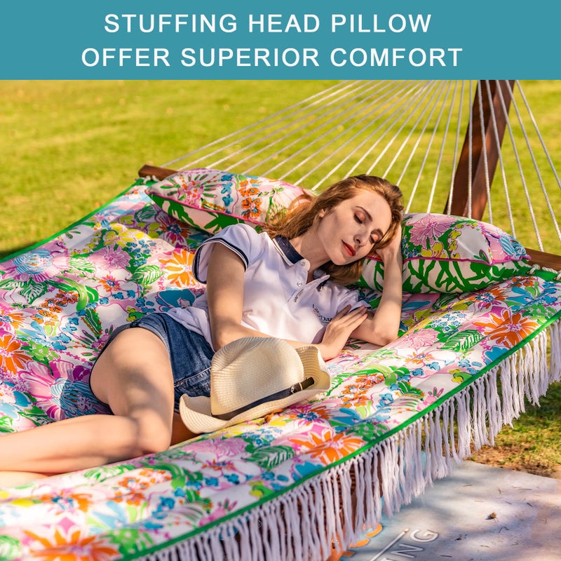 Lazy Daze Hammocks 12 FT Double Quilted Fabric Hammock with Extra Large Soft Pillow and Carrying Bag, 2 Person Outdoor Hammock with Spread Bar and Elegant Tassels, Heavy Duty 450 lbs Capacity, Floral - Image 4