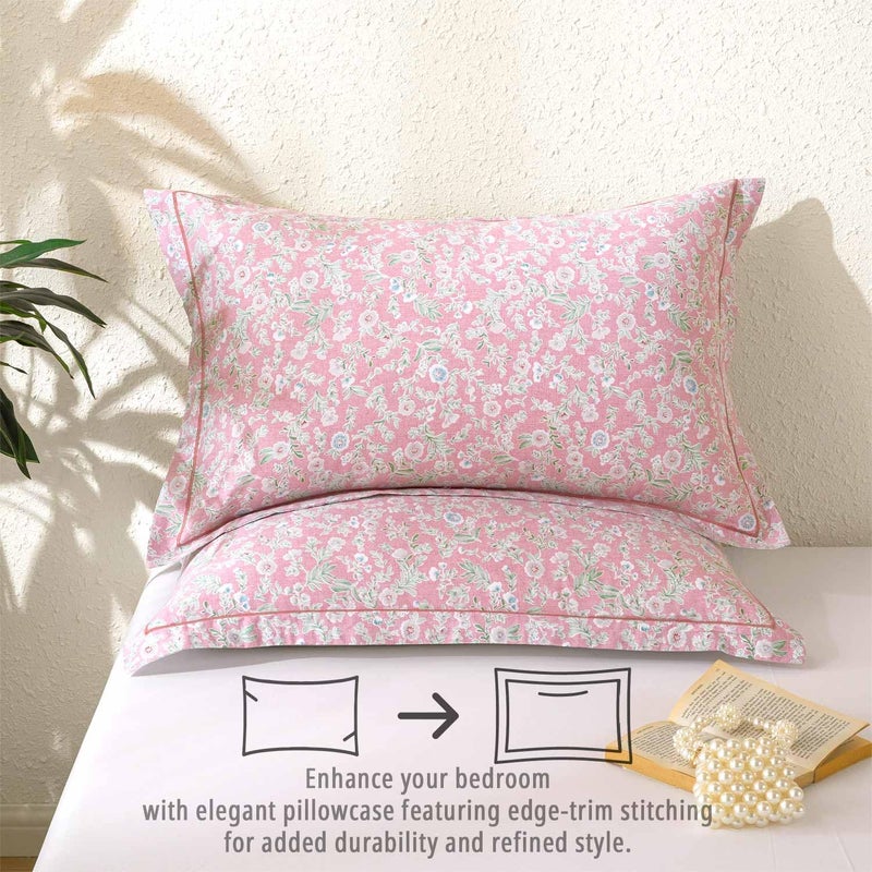ALEISSEL 100% Natural Cotton Floral Duvet Cover Queen Size - Antique Pink Botanical Front & White Leaf Print Back with Button Closure, Romantic Cottage Style(3 Pieces,90"Ã—90") - Image 4