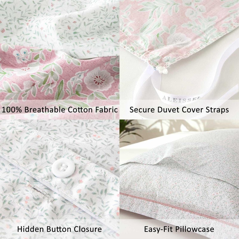 ALEISSEL 100% Natural Cotton Floral Duvet Cover Queen Size - Antique Pink Botanical Front & White Leaf Print Back with Button Closure, Romantic Cottage Style(3 Pieces,90"Ã—90") - Image 5