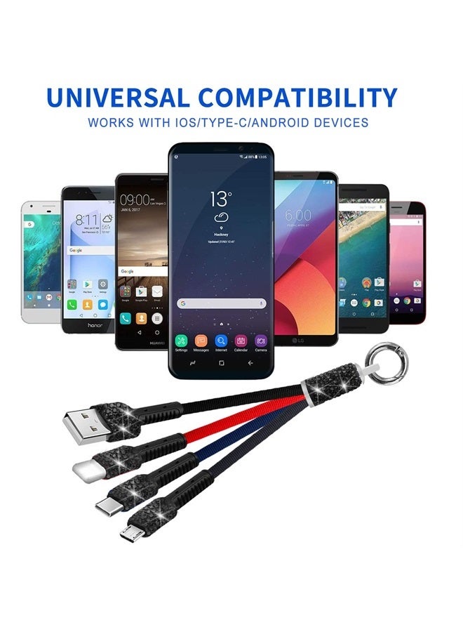 Laugwey Sparkling 3 in 1 Short Charging Cable,0.5FT Multi Handmade Rhinestones Charging Cord,Portable Keychain Cute Crystal USB Charging Cable Specially for Women and Girl (Black) - Image 1