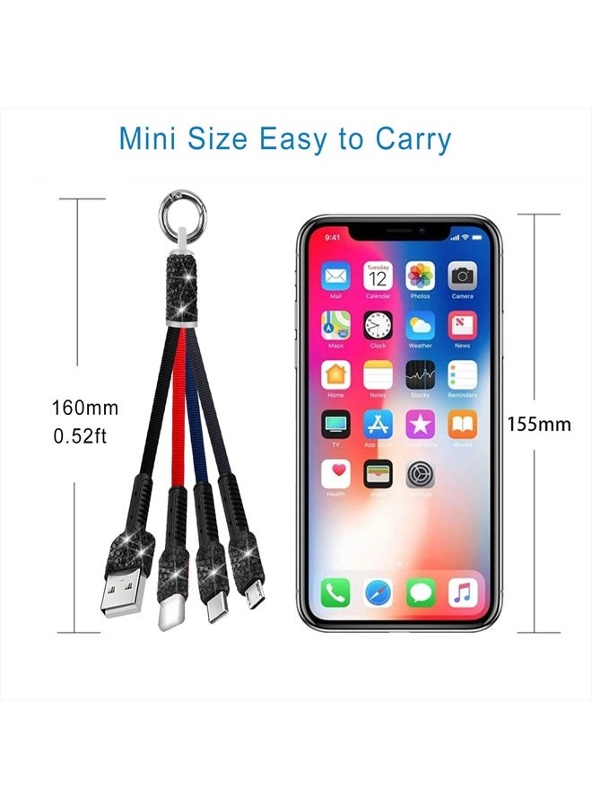Laugwey Sparkling 3 in 1 Short Charging Cable,0.5FT Multi Handmade Rhinestones Charging Cord,Portable Keychain Cute Crystal USB Charging Cable Specially for Women and Girl (Black) - Image 2