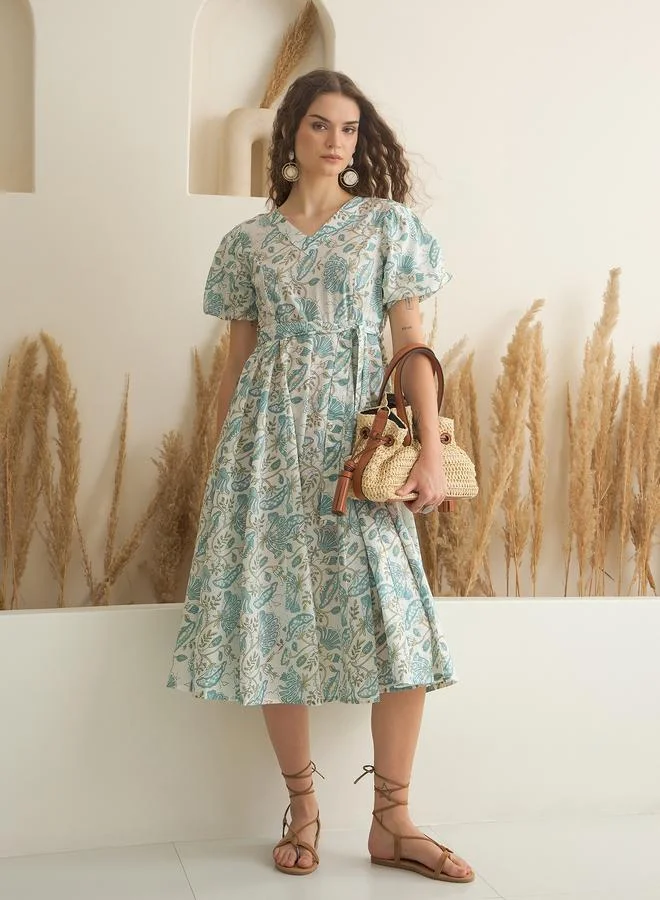 sanskrutihomes Sanskrutihomes Floral Printed Pure Cotton A-Line Midi Dress