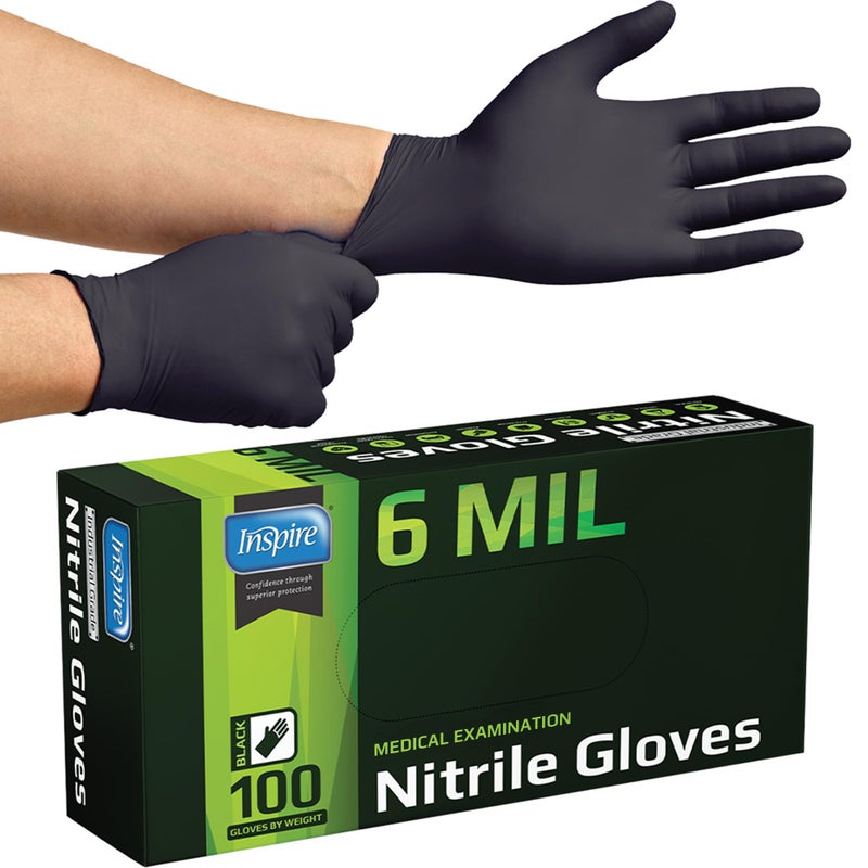 Inspire Black Nitrile Gloves HEAVY DUTY 6 Mil Nitrile Chemical Resistant Medical Cooking Cleaning Disposable Black Gloves - Image 1