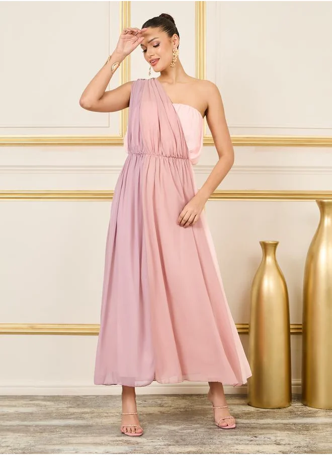 Styli Gathered Detail Overlay One Shoulder Neck A-Line Maxi Dress