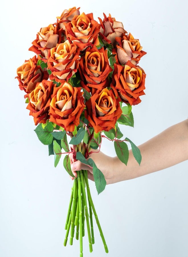 Ttranewsoo Fake Roses Faux Flowers Silk Roses Artificial Roses with Stems Realistic Artificial Flowers 16.5In Suitable for Indoor Home Decoration DIY Bouquet Wedding Decor Party Decor (Orange) 12PCS - Image 1