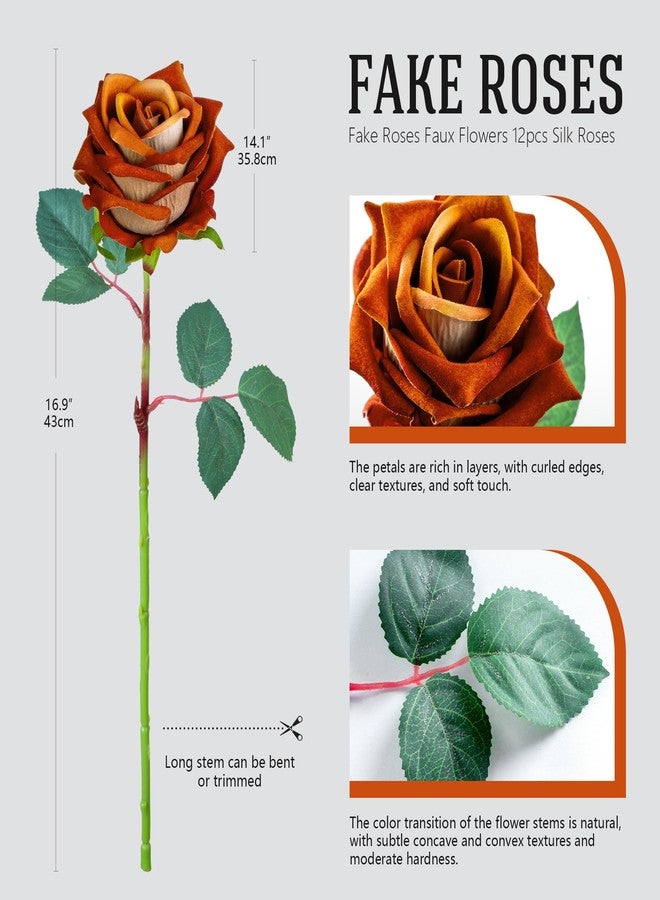 Ttranewsoo Fake Roses Faux Flowers Silk Roses Artificial Roses with Stems Realistic Artificial Flowers 16.5In Suitable for Indoor Home Decoration DIY Bouquet Wedding Decor Party Decor (Orange) 12PCS - Image 2