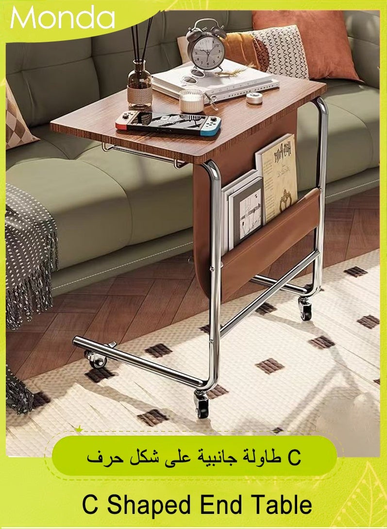 موندا طاولة جانبية على شكل حرف C مع عجلات، طاولة جانبية على شكل حرف C للأريكة والأريكة مع حقيبة تخزين من البولي يوريثان، طاولات قابلة للإمالة لأجهزة الكمبيوتر المحمول لغرفة المعيشة وغرفة النوم (بني) - Image 1