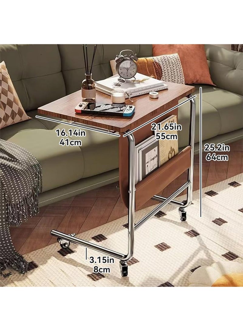 موندا طاولة جانبية على شكل حرف C مع عجلات، طاولة جانبية على شكل حرف C للأريكة والأريكة مع حقيبة تخزين من البولي يوريثان، طاولات قابلة للإمالة لأجهزة الكمبيوتر المحمول لغرفة المعيشة وغرفة النوم (بني) - Image 4
