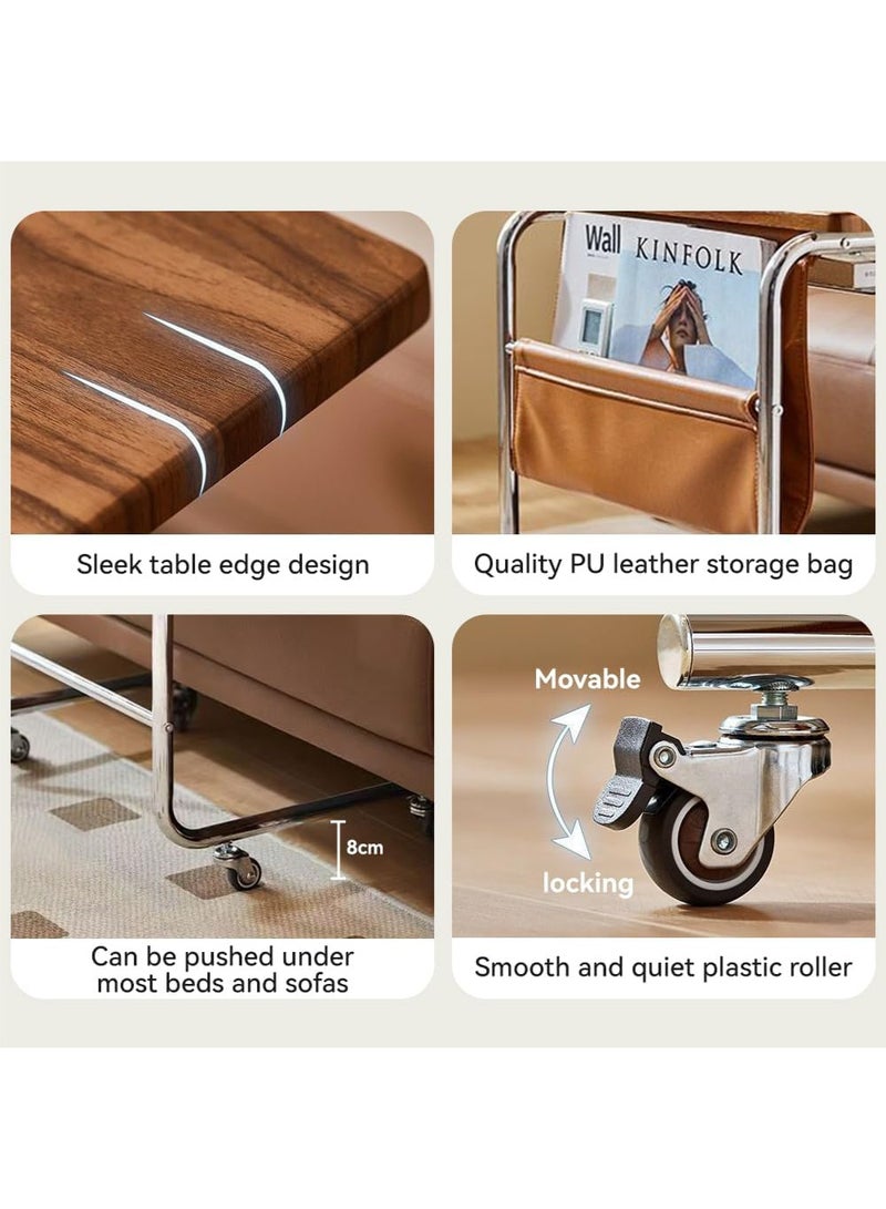 موندا طاولة جانبية على شكل حرف C مع عجلات، طاولة جانبية على شكل حرف C للأريكة والأريكة مع حقيبة تخزين من البولي يوريثان، طاولات قابلة للإمالة لأجهزة الكمبيوتر المحمول لغرفة المعيشة وغرفة النوم (بني) - Image 5