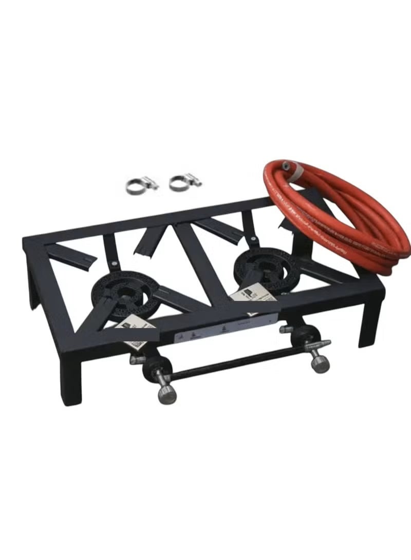 Stove with Double Burner With Gas Hose And 2 Clamps For Home Or Camping - Image 1