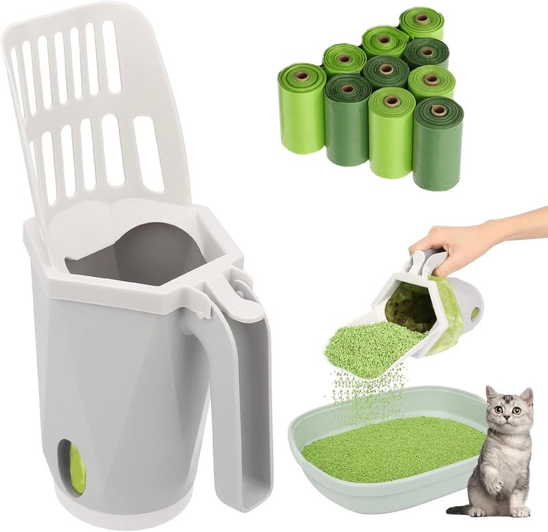 SWIUKPHE Cat Litter Scoop with Bag Holder, Integrated Detachable Deep Cat Litter Shovel with Poop Sifting and 10 Litter Bags, Portable Litter Shovel (grey) - Image 1