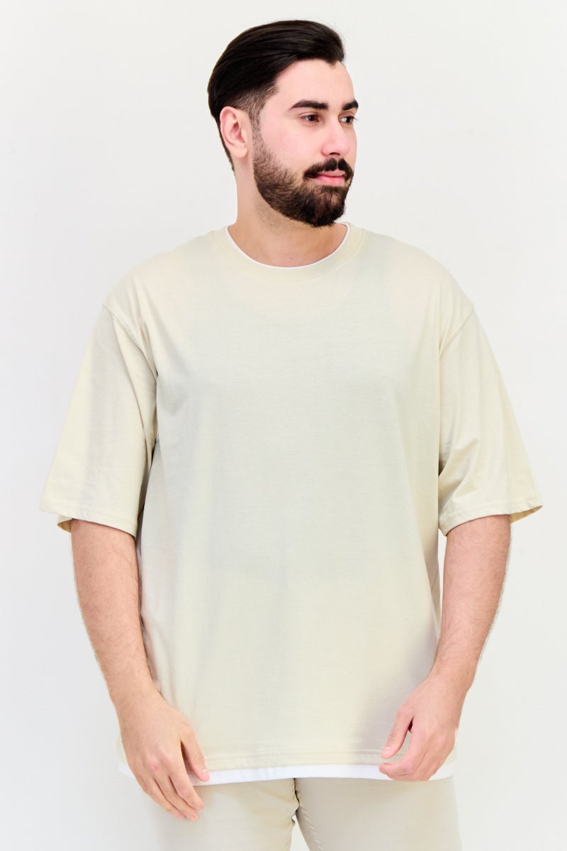 Celio Men Crew Neck Short Sleeve Solid T Shirt, Beige - Image 1