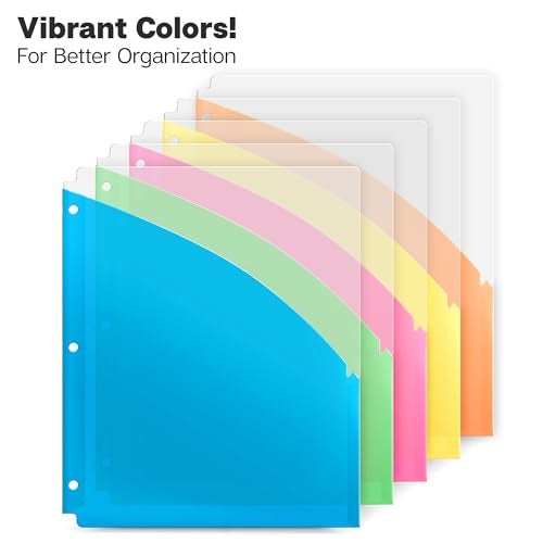Dunwell 3 Ring Binder Pocket (1 Set, 5 Count) No Tab, Plastic Slash File Jackets for 8.5x11 Paper, Multicolor Notebook Divider with Pockets, 3 Hole Punched Project Folder, Acid-Free - Image 2