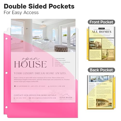 Dunwell 3 Ring Binder Pocket (1 Set, 5 Count) No Tab, Plastic Slash File Jackets for 8.5x11 Paper, Multicolor Notebook Divider with Pockets, 3 Hole Punched Project Folder, Acid-Free - Image 4