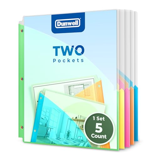 Dunwell 3 Ring Binder Pocket (1 Set, 5 Count) No Tab, Plastic Slash File Jackets for 8.5x11 Paper, Multicolor Notebook Divider with Pockets, 3 Hole Punched Project Folder, Acid-Free - Image 1