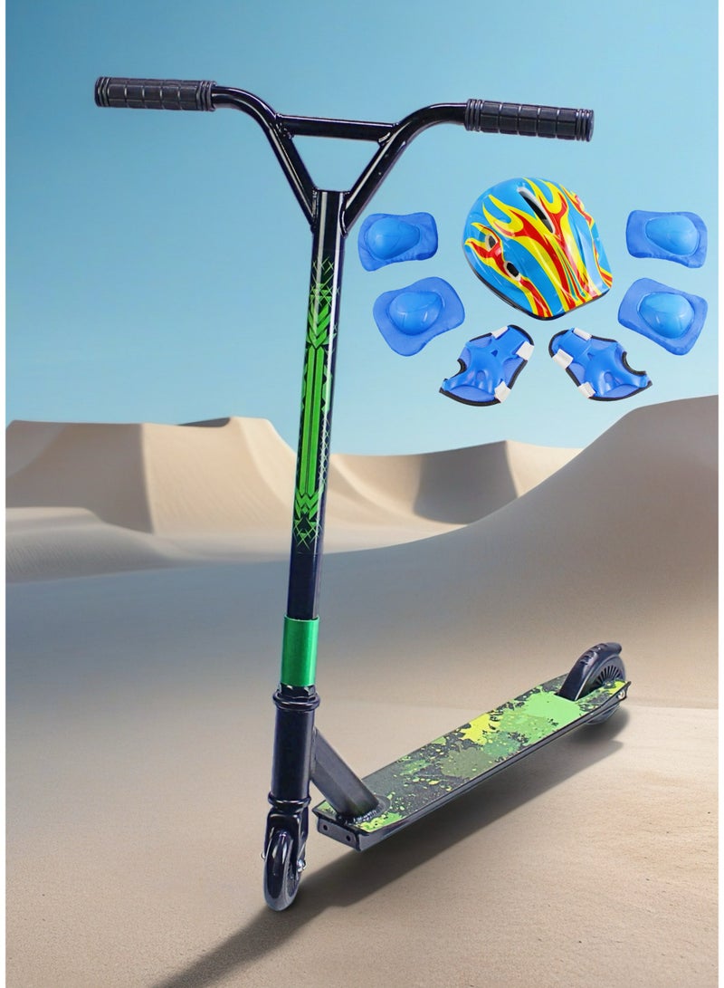 إيزي فيتشور سكوتر EASY FUTURE الاحترافي للحركات البهلوانية، مزود بشريط لاصق مانع للانزلاق وسطح من الألومنيوم - عجلتان، عجلات ألومنيوم 110 مم، مقود عريض على شكل حرف T، فرامل فولاذية، خفيف الوزن، مناسب للمبتدئين والمتوسطين، مع مجموعة كاملة من معدات الحماية. - Image 5