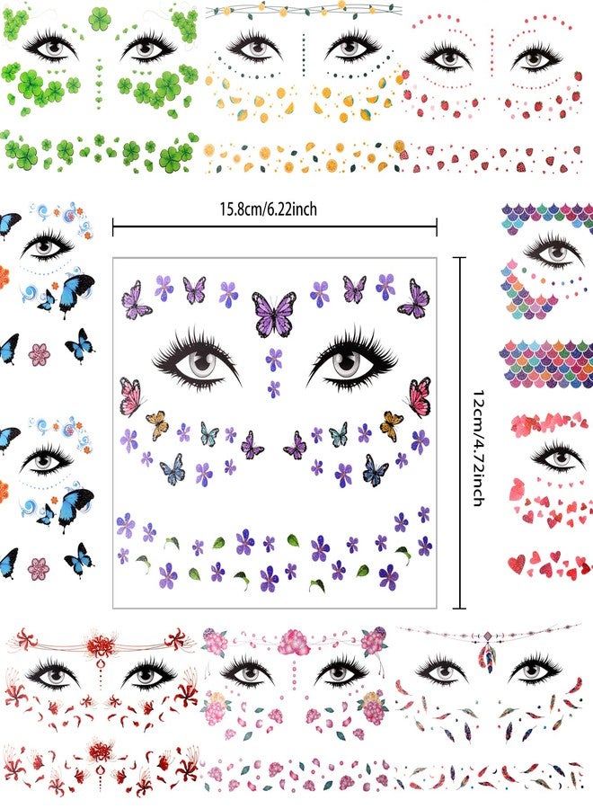 HLTOO 10 Sheets Glitter Face Tattoos Stickers, Metallic Fake Butterflies Flowers Feathers Fruits Heart Tattoos, Music Festival Face Jewels, for Women and Girls Eyes Face Body Art Decoration - Image 2