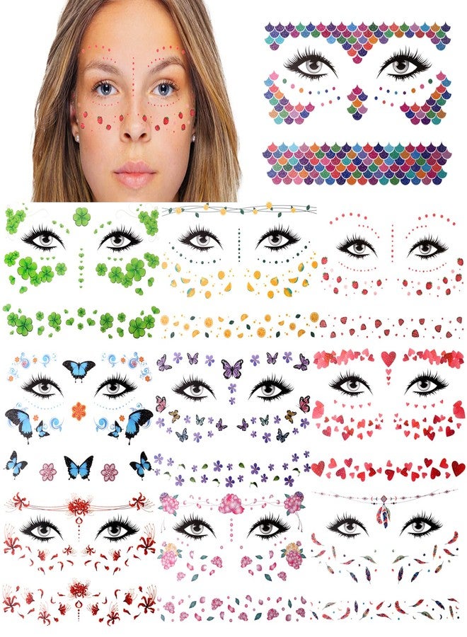 HLTOO 10 Sheets Glitter Face Tattoos Stickers, Metallic Fake Butterflies Flowers Feathers Fruits Heart Tattoos, Music Festival Face Jewels, for Women and Girls Eyes Face Body Art Decoration - Image 1