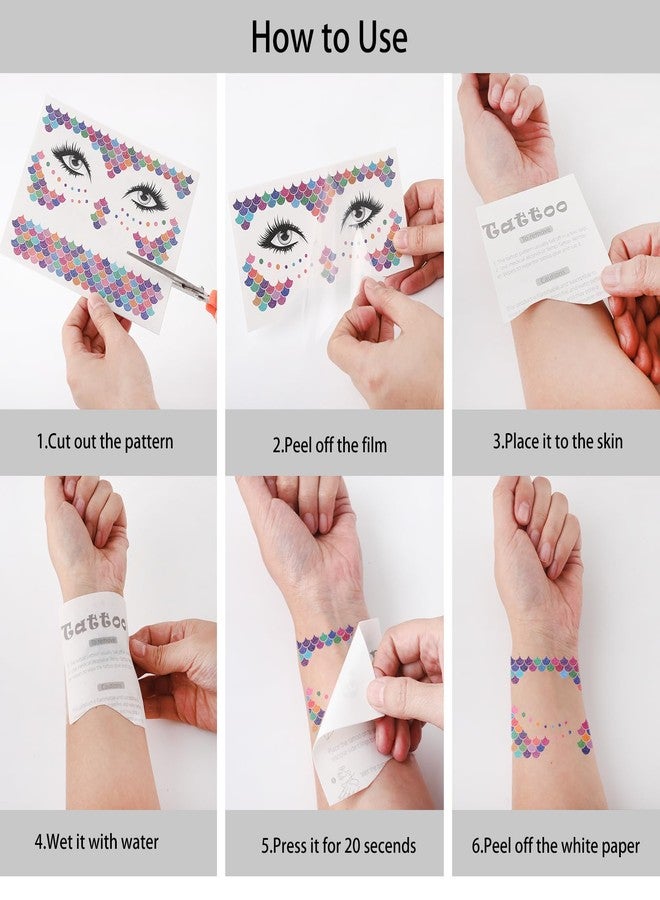 HLTOO 10 Sheets Glitter Face Tattoos Stickers, Metallic Fake Butterflies Flowers Feathers Fruits Heart Tattoos, Music Festival Face Jewels, for Women and Girls Eyes Face Body Art Decoration - Image 3