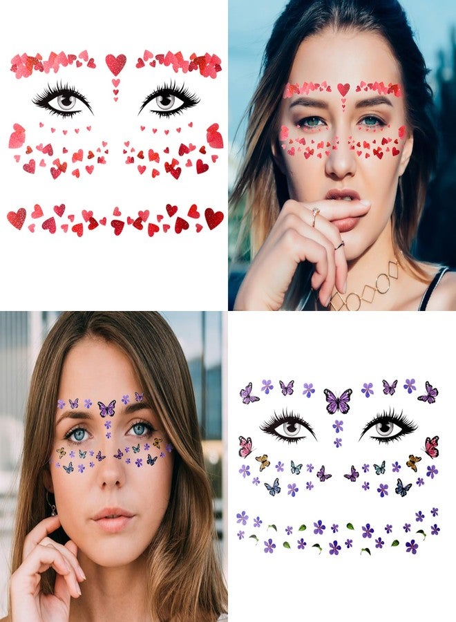 HLTOO 10 Sheets Glitter Face Tattoos Stickers, Metallic Fake Butterflies Flowers Feathers Fruits Heart Tattoos, Music Festival Face Jewels, for Women and Girls Eyes Face Body Art Decoration - Image 4
