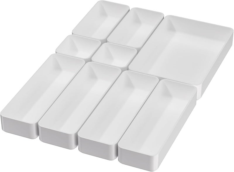 CHANCETSUI 9 Pcs Drawer Organizer Trays Set, Multifunctional Stackable Storage Trays for Bedroom, Bathroom, Kitchen, Desk Office Drawer Organizer. Plastic Drawer Storage Boxes Available In 5 Colours, White - Image 1