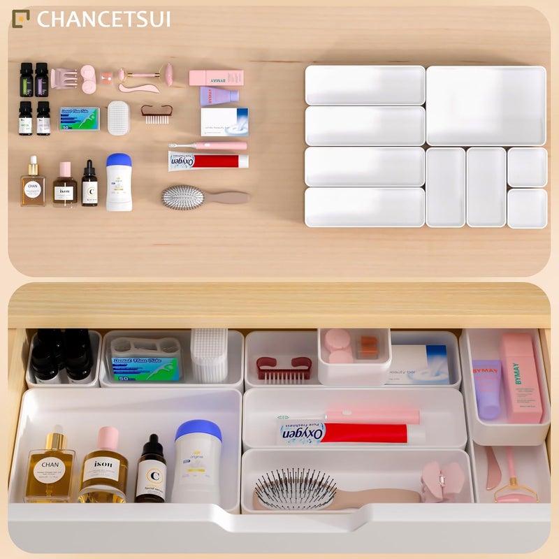 CHANCETSUI 9 Pcs Drawer Organizer Trays Set, Multifunctional Stackable Storage Trays for Bedroom, Bathroom, Kitchen, Desk Office Drawer Organizer. Plastic Drawer Storage Boxes Available In 5 Colours, White - Image 4