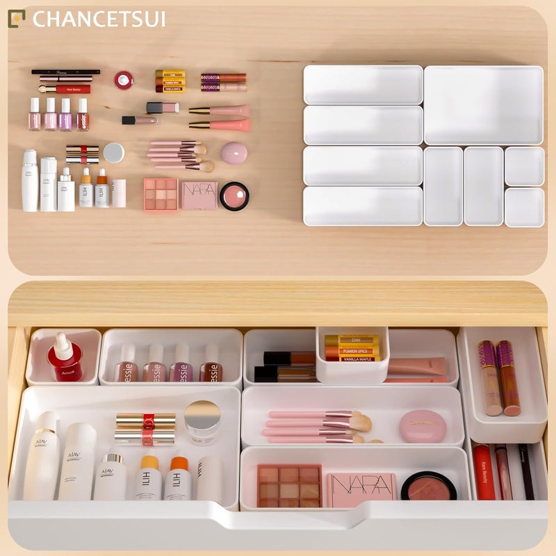 CHANCETSUI 9 Pcs Drawer Organizer Trays Set, Multifunctional Stackable Storage Trays for Bedroom, Bathroom, Kitchen, Desk Office Drawer Organizer. Plastic Drawer Storage Boxes Available In 5 Colours, White - Image 3