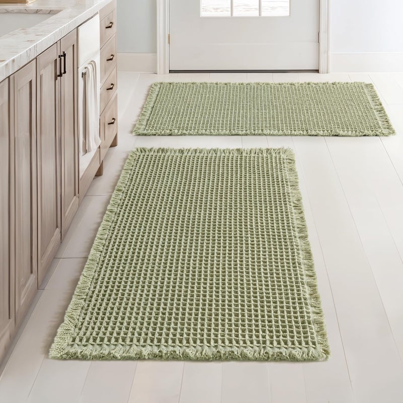 MIULEE Set of 2 Waffle Bathroom Rugs, Boho Bath Rugs Non Slip Washable, Super Absorbent Bath Mats, Ultra Soft Rubber Backed Shower Mats for Bathroom Floor, Tub and Shower, Sage Green, 18x30 Inch - Image 1