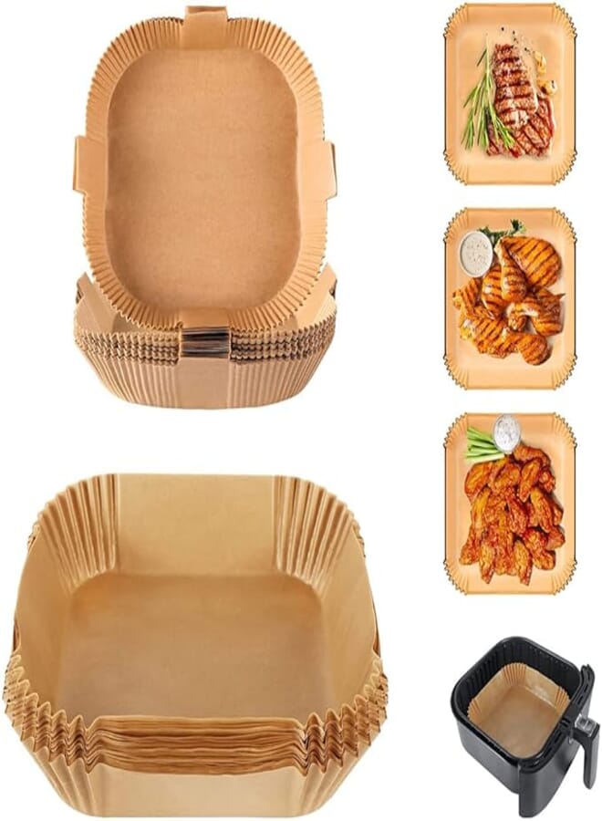 LEVGLAKE Air Fryer Disposable Paper Liner, 50 Pieces Food Grade Square Air Fryer Parchment Paper, 20cm Large Waterproof Non-Stick Parchment Paper for Air Fryer, Oven, Baking