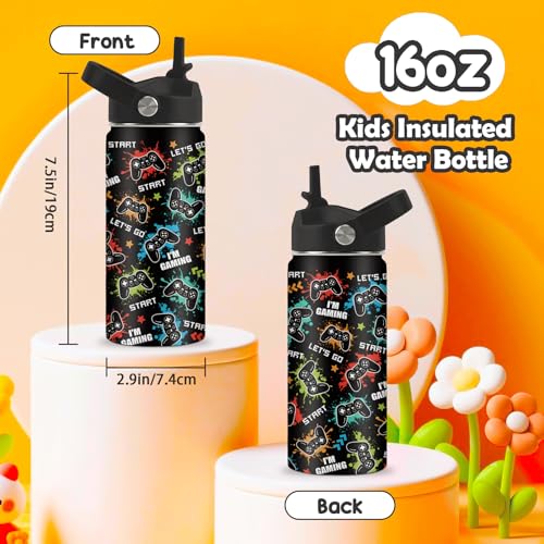 ROVOZAR Game Water Bottle - 16oz Game Controller Stainless Steel Water Bottle with Straw - Funny Gamer Insulated Cup for Boys - Gaming Kids Tumbler for School, Sports, Travel - Image 3