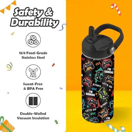 ROVOZAR Game Water Bottle - 16oz Game Controller Stainless Steel Water Bottle with Straw - Funny Gamer Insulated Cup for Boys - Gaming Kids Tumbler for School, Sports, Travel - Image 4
