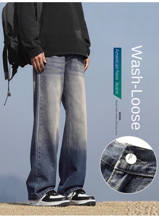 American High Street Men's Jeans Autumn New Fashion Washed Vintage Loose Wide Leg Trousers Men's - Image 2