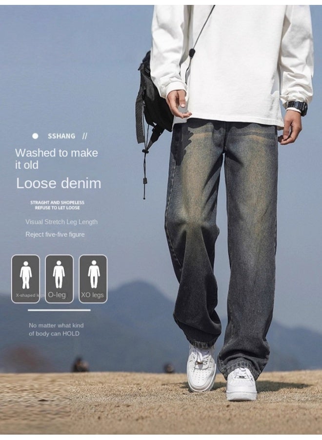 American High Street Men's Jeans Autumn New Fashion Washed Vintage Loose Wide Leg Trousers Men's - Image 4