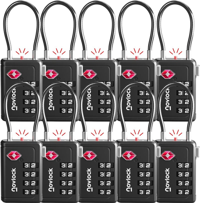 NovLock TSA Approved Luggage Locks | Inspection Indicator, 4-Digit Combination, Durable Zinc Alloy | for Suitcases, Backpacks, Travel Bags | Black, 10-Pack - Image 1