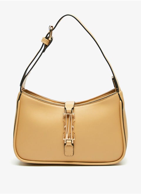 Solid Shoulder Bag with Adjustable Handle and Button Closure