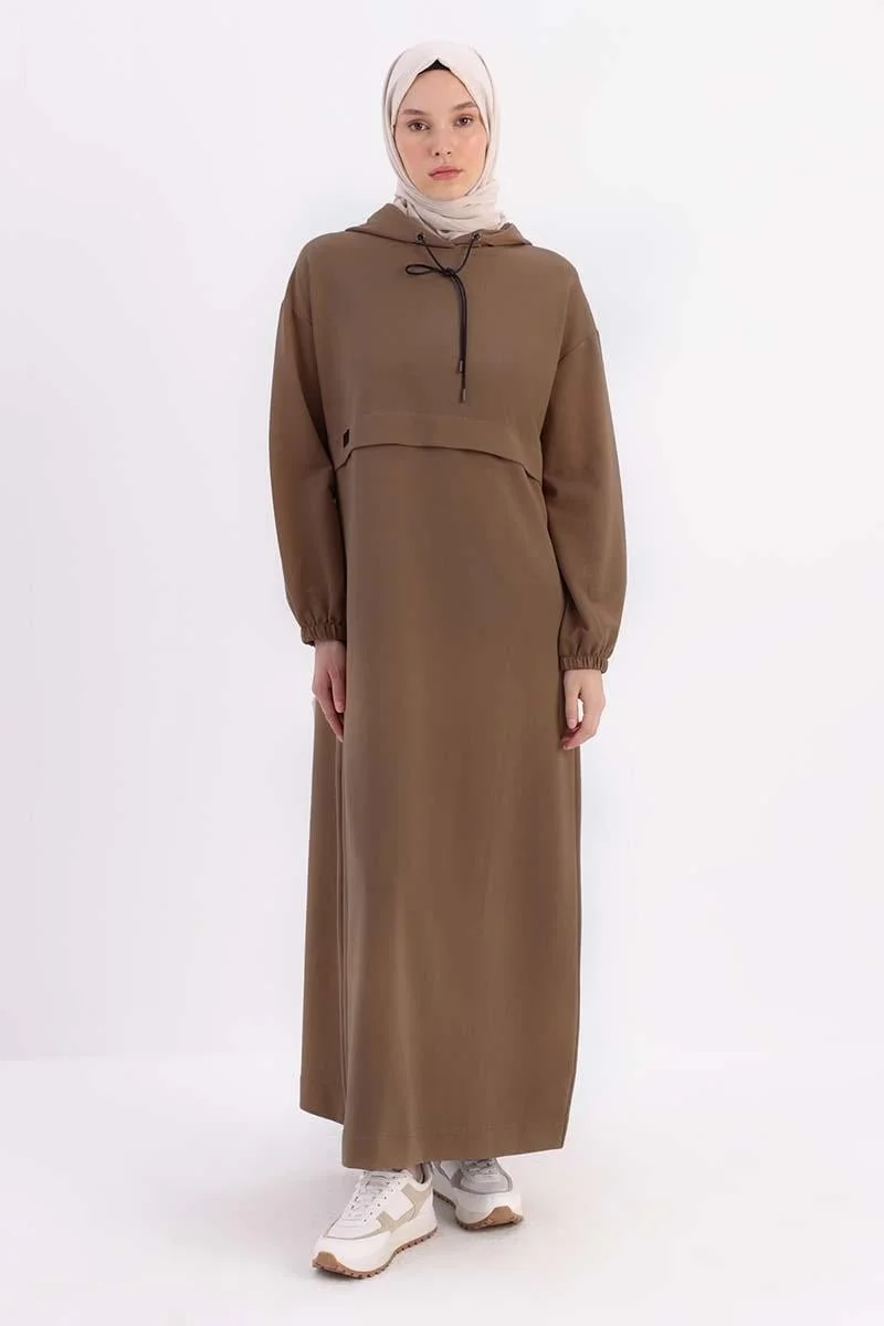Allday Mink-Elastic Sleeve Hooded Pocket Dress
