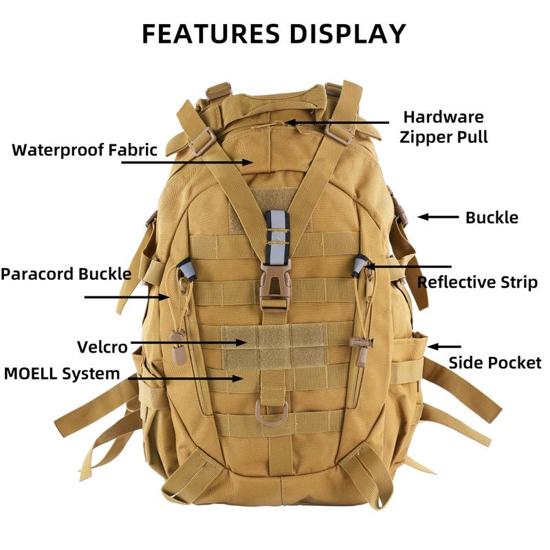 aiGear Tactical Backpack for Men, 25L Military Backpack, 3-Day Bug Out Bag for Camping Hiking Hunting with Molle System Army Daypack (25L Khaki) - Image 3