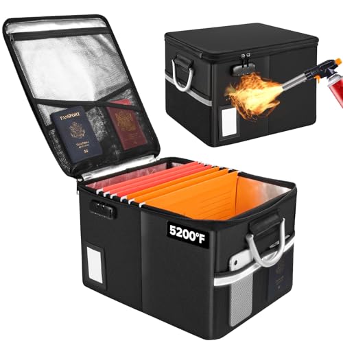 TOMKID 5200F Fireproof Document Box Fire Important Document Organizer with Lock Upgraded Heat Insulated Filing Storage Cabinet Office Organization 5200F Fireproof Box Black - Image 1