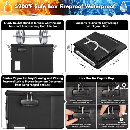 TOMKID 5200F Fireproof Document Box Fire Important Document Organizer with Lock Upgraded Heat Insulated Filing Storage Cabinet Office Organization 5200F Fireproof Box Black - Image 3