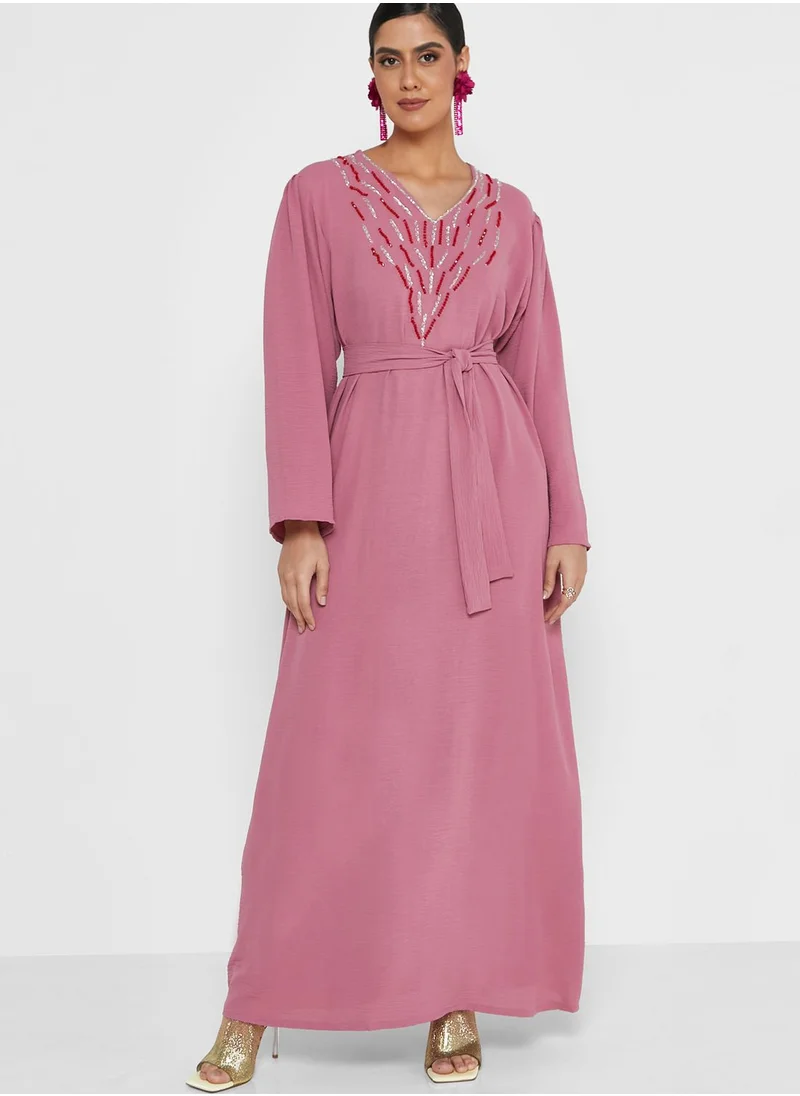 hayas closet Embellished Belted Jalabiya