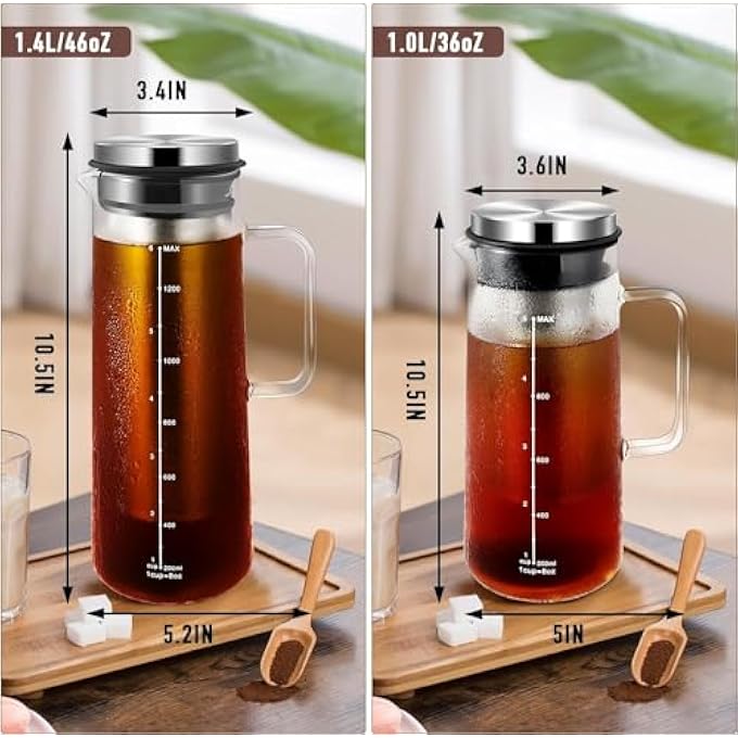 TAME Cold Brew Coffee Maker Glass Iced Coffee Maker With Super Dense Stainless Steel Filter  Lid Airtight Cold Brew Pitcher For CoffeeIce TeaFruit DrinksLemonade 46 Oz 1300Ml - Image 4