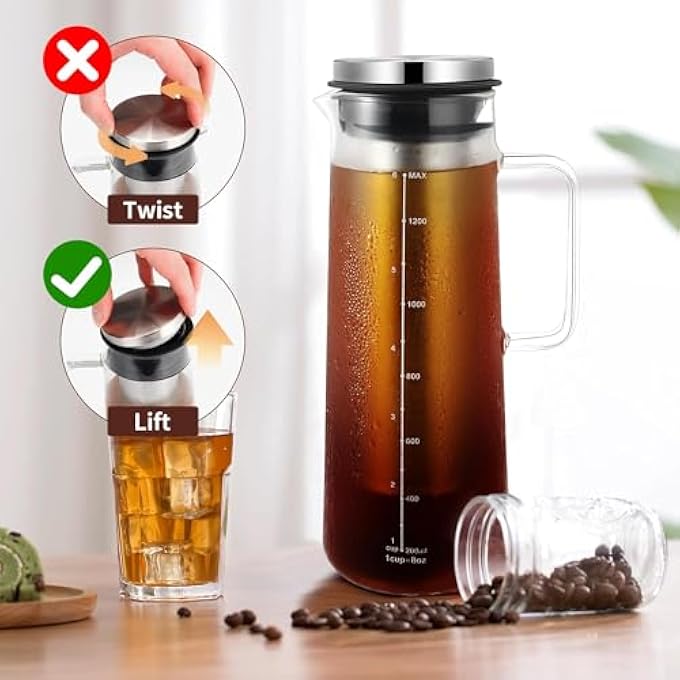 TAME Cold Brew Coffee Maker Glass Iced Coffee Maker With Super Dense Stainless Steel Filter  Lid Airtight Cold Brew Pitcher For CoffeeIce TeaFruit DrinksLemonade 46 Oz 1300Ml - Image 5